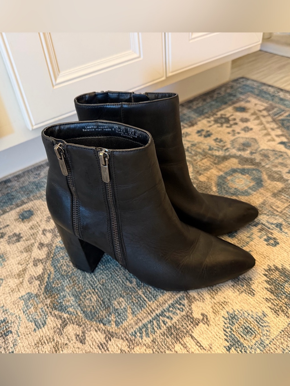 Fergie Black Pointed Leather Ankle Boots with Dual Zippers